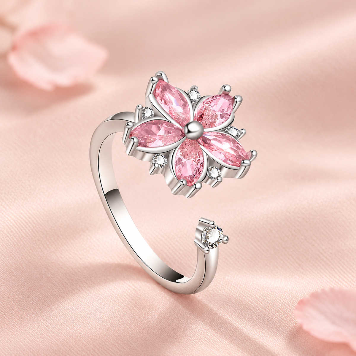 Giro Sereno – Anillo Giratorio Antiestrés, Flor de Cerezo Ajustable